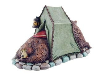 Brown Bear in Tent Camping, Collectible Sculpture Figure, 6.5-inch
