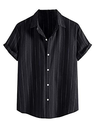 Floerns Men's Striped Shirts Casual Short Sleeve Button Down Shirts Black L