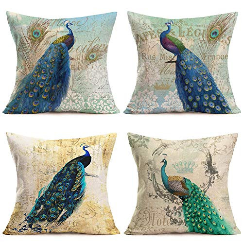Xihomeli Cotton Linen 24x24 Inch Throw Pillow Covers Cute Farm Animal Peacock Feather Cushion Case Set of 4 Green Blue Feather Retro Style Square Pillowcase Farmhouse Decor -4pc Peacock, 24"x24"-