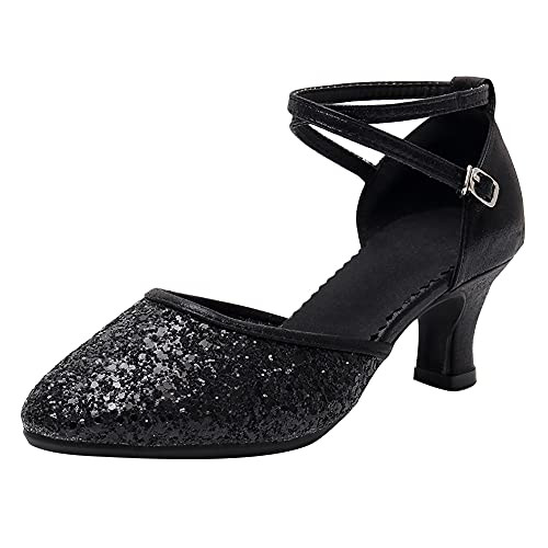 SWDZM Women's Ballroom Dance Shoes Closed Toe with Sequin Latin Salsa Tango Ballroom Practice Performance Dance Shoes,Heel-1.97'',Black 8.5 B -M- US