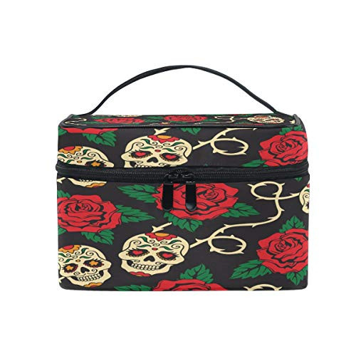 Sugar Skulls Red Rose Flowers Black Makeup Bag, Cosmetic Bag, Toiletry Bag, Cosmetic Makeup Organizer Case Storage, for Women, Men, Kids, Girls, Traveling, Professional, With Mesh Bag Brush Holder