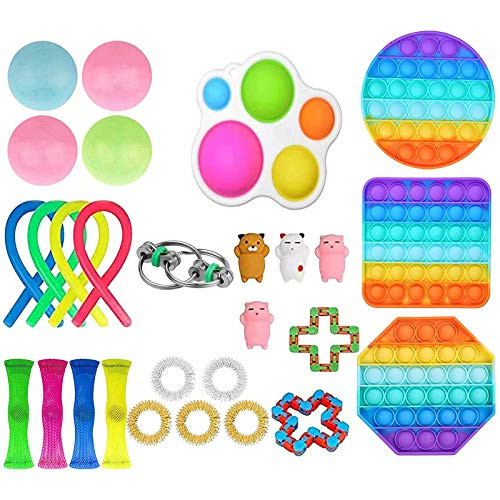 Figetget Toys Fidget Pack Sensory Toys Set Fidget Toy Set ADHD Stress Toys for Anxiety Relief Items,Push Pop Bubble/Squishy Stress Ball/Stretchy String/Flippy Chain/Marble Mesh Anxiety Toys