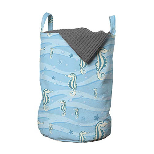 Ambesonne Animal Laundry Bag, Cartoon Seahorses Nursery Baby Girls Boys Childish Playroom Nautilus Themed Design, Hamper Basket with Handles Drawstring Closure for Laundromats, 13" x 19", Blue