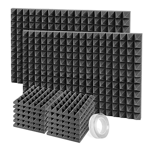Sound Proof Foam Panels, 12 Pack Acoustic Foam Panels 2" X 12" X 12" Pyramid Acoustic Panels for Wall, Soundproof Wall Panels with Adhesive -Black-