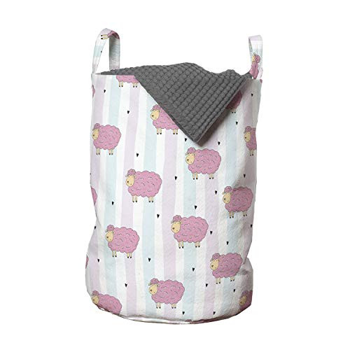 Ambesonne Cartoon Laundry Bag, of Abstract Sheep with Stripes and Tiny Hearts, Hamper Basket with Handles Drawstring Closure for Laundromats, 13" x 19", Baby Pink Baby Blue