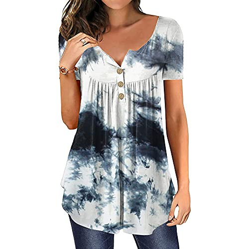 Lingbing Tops for Women,Womens Button Printed Pullover Tunic Tops Short Sleeve T-Shirts Loose Casual Summer Blouse Tops Navy