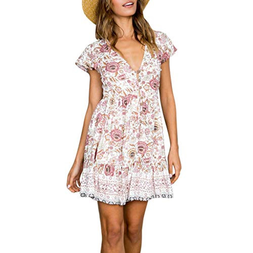 TWGONE Deep V Summer Dress Womens Peplum Boho Mini Button Floral Ruffled V-Neck Party Dresses-Medium,White-
