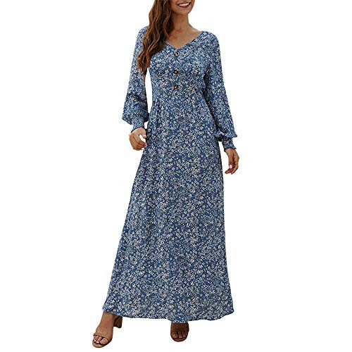 Aniywn Ladies Autumn Boho Long Dress Women Floral Print V-Neck Button Long Sleeve Hem Split Maxi Dresses-Blue,S- Aniywn Ladies Autumn Boho Long Dress Women Floral Print V-Neck Button Long Sleeve Hem Split Maxi Dresses-Blue,S-