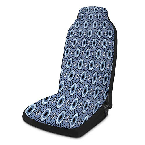 Car Seat Cover 1 Piece, Blue and White Auto Seat Cover - Circles with Floral Elements and Dots Abstract Eye Figures Retro, Slate Blue Black White