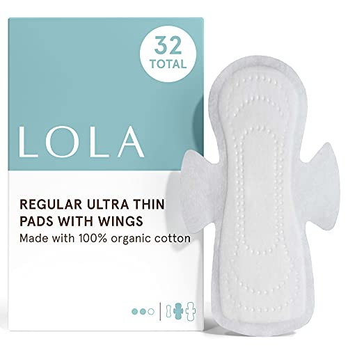 LOLA Ultra Thin Menstrual Pads with Wings, Regular Absorbency, Organic Cotton Topsheet  and  Core, Unscented, Chlorine Free, Hypoallergenic Sanitary Napkins, Powerful Leak Protection - Regular -32 Count-