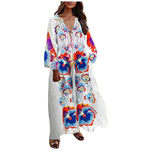 iYBWZH Women Summer Floral Print Bohemian Beach Dress Retro Long Sleeve Casual Plus Size Maxi Dress iYBWZH Women Summer Floral Print Bohemian Beach Dress Retro Long Sleeve Casual Plus Size Maxi Dress