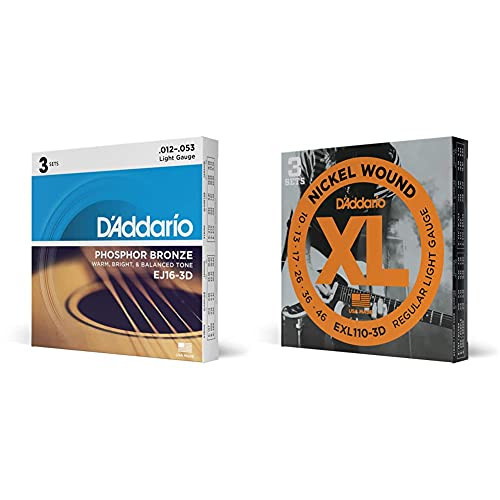 DAddario EJ16-3D Phosphor Bronze Acoustic Guitar Strings, Light Tension  Pack of 3 Sets  and  D'Addario EXL110-3D Nickel Wound Electric Guitar Strings, Regular Light, 10-46, 3 Sets