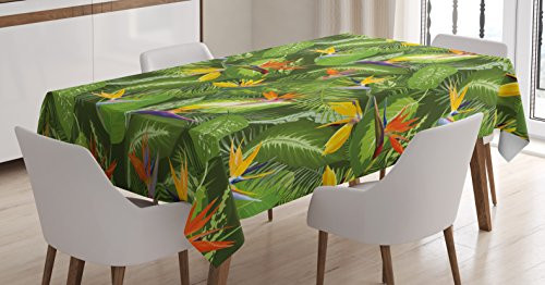 Ambesonne Leaf Tablecloth, Fresh Brazilian Forest Untouched Jungle Paradise Tropical Foliage Flowers, Dining Room Kitchen Rectangular Table Cover, 52" X 70", Orange Yellow
