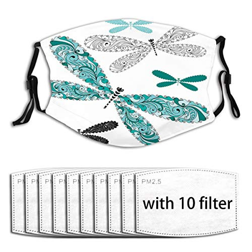-1Mask With 10pc filters--Activated Carbon mask,Dragonfly,Ornamental Dragonfly Figures with Lace and Damask Effects Artsy Image,Teal Turquoise Black,Facial decorations for adults