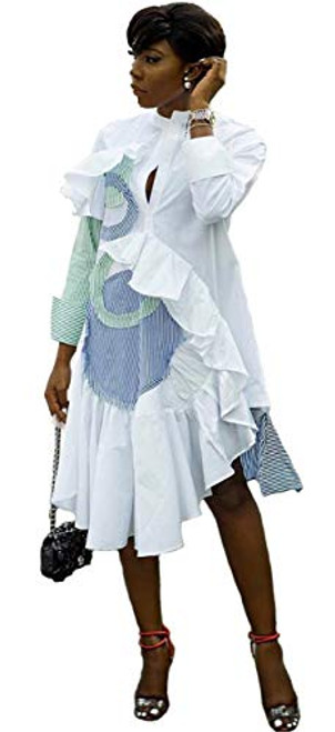 Hotheart Women's Long Sleeve Stripe Printed Ruffles Bodycon Sexy Nightclub Party Shirts Dress White Hotheart Women's Long Sleeve Stripe Printed Ruffles Bodycon Sexy Nightclub Party Shirts Dress White