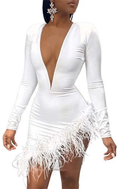Hotheart Womens Sexy Deep V-Neck Long Sleeve Feather Irregular Dress Nightclub Clubwear Dress White Hotheart Womens Sexy Deep V-Neck Long Sleeve Feather Irregular Dress Nightclub Clubwear Dress White