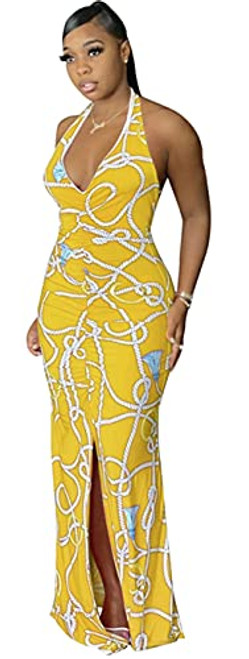 Hotheart Womens Sexy Deep V-Neck Sleeveless Backless Floral Print Package Hip Dress Nightclub Dress Yellow Hotheart Womens Sexy Deep V-Neck Sleeveless Backless Floral Print Package Hip Dress Nightclub Dress Yellow