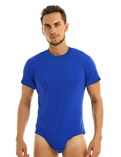 YONGHS Men's Short Sleeve Turn-Down Collar Button Crotch Shirt Bodysuit Snappies Romper Jumpsuit Blue and Type B XX-Large