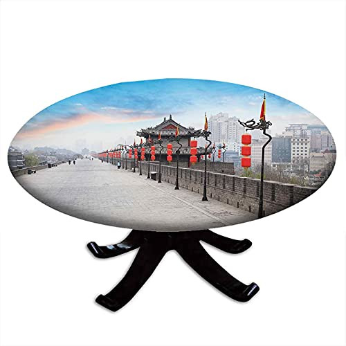 Ancient China Decorations Round Fitted Tablecloth, Old Tower on City Wall Xian City at Dusk Landscape Image, Elastic Edge, Waterproof and wipeable, Fits Tables 35" - 39" Diameter Multicolor