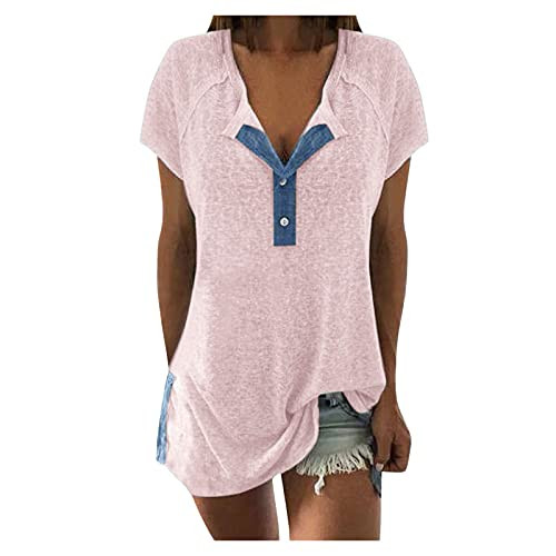 Womens Summer Tops Casual Short Sleeve Tunics Button T-Shirts Shirts Patchwork V-Neck Shirts Blouse