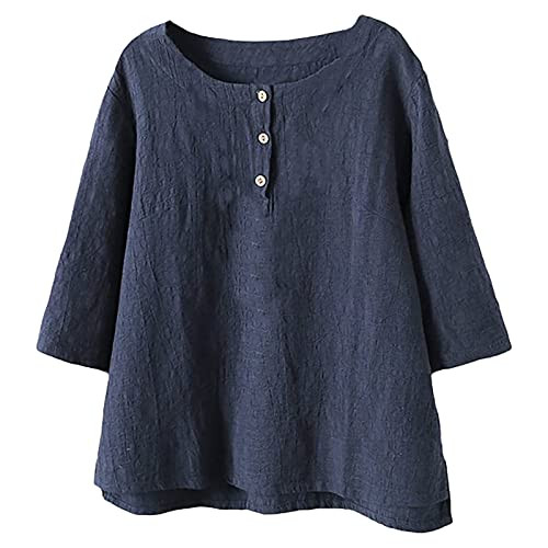 Women's Cotton and Linen T-Shirt Solid Loose 3/4 Sleeve Summer Tees Tops O-Neck Buttons T-Shirt Ladies Blouses Navy