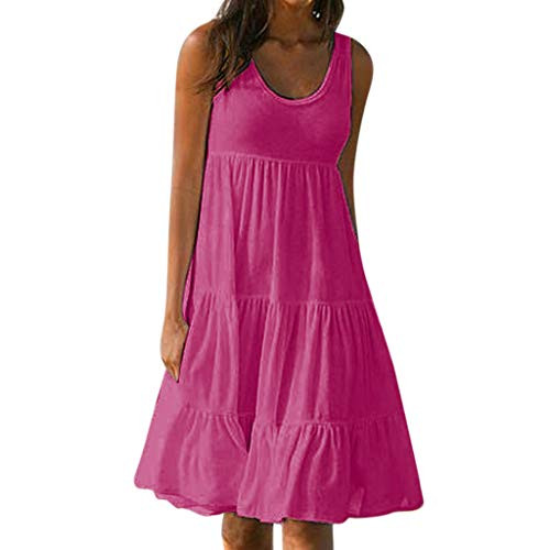 TRENDINAO Womens Flowy Pleated Dress Summer Sleeveless Loose Babydoll Sundress Comfy Swing Casual Ruffle Midi Dresses Hot Pink