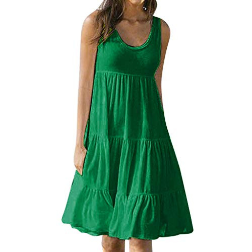 TRENDINAO Womens Flowy Pleated Dress Summer Sleeveless Loose Babydoll Sundress Comfy Swing Casual Ruffle Midi Dresses Green