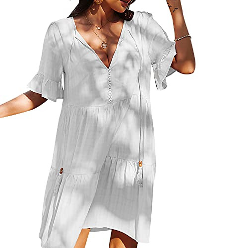 FOWW Women Summer V Neck Dresses, Casual Short Sleeve Loose Ruffle, Elegant A-Line Dresses, Solid Color Beach Skirt, Daily White