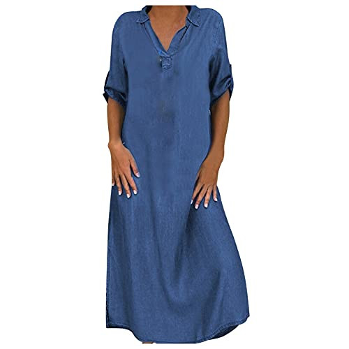 Dresses for Women Denim Dress V-neck Roll Up Sleeve Button Loose Long Slit Jeans Dress-Blue,XXXXXL- Dresses for Women Denim Dress V-neck Roll Up Sleeve Button Loose Long Slit Jeans Dress-Blue,XXXXXL-
