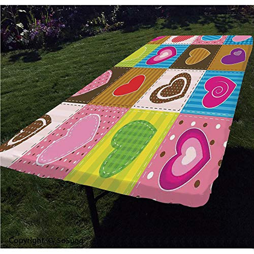 Farmhouse Decor Polyester Fitted Tablecloth,Patchwork Themed Cute Heart Shaped Figures with Varying Backgrounds Love Artwork Rectangular Elastic Edge Fitted Table Cover,Fits Rectangular Tables 60x30