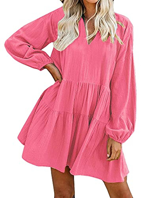 FANCYINN Long Sleeve Shift Tunic Dress Ruffle Swing Babydoll Juniors Mini Ruffle Dress with Pockets Peach M