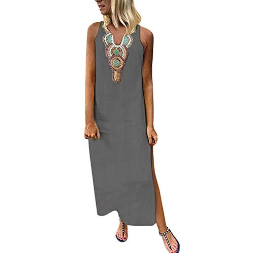 Women's Printed Sleeveless V-Neck Maxi Dress Split Hem Baggy Kaftan Long Dress Gray