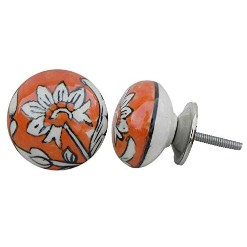 IndianShelf Handmade Ceramic Floral Drawer Knobs Dresser Cabinet Door Kitchen Cupboard Pulls Handles -4.44 cm, Orange, 2 Piece-