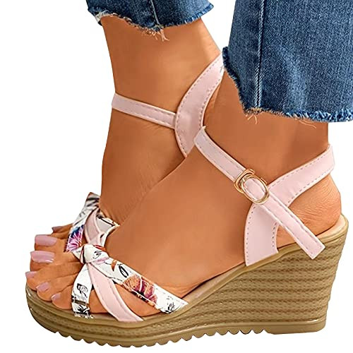 XVSSAA Women's Ankle Strap Wedge Comfort Sandal Open Toe Mid Wedge Platform Heeled Sandals Summer Dress Sandals Pink