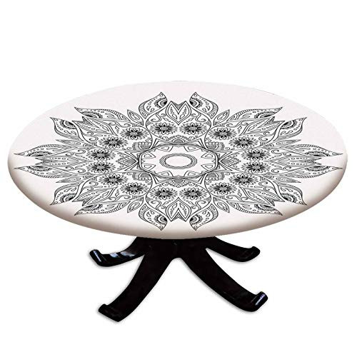 Elastic Edged Polyester Fitted Table Cover,Ornate Arabesque Esoteric Figure Esoteric Oriental Chakra Ritual Art Print,Fits up to 36" Diameter Tables,The Ultimate Protection for Your Table,Black White