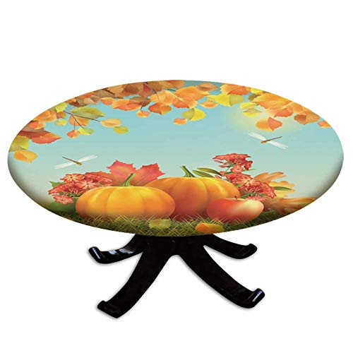 Elastic Edged Polyester Fitted Table Cover,Fall Season Yield Thanksgiving Image Fallen Leaves Branches Pumpkins Decorative,Fits up to 36" Diameter Tables,The Ultimate Protection for Your Table,Orange