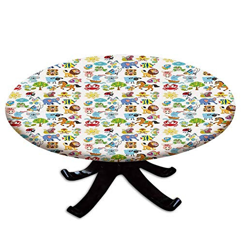 Elastic Edged Polyester Fitted Table Cover,Various Different Animal Figures and Nature Themed Cartoon Characters Babies Kids Decorative,Fits up to 36" Diameter Tables,The Ultimate Protection for Your
