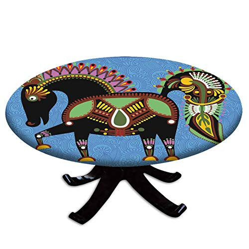 Elastic Edged Polyester Fitted Table Cover,Folkloric Horse Animal Figure with Tradition Ukraine Culture Ornament Boho Graphic,Fits up to 36" Diameter Tables,The Ultimate Protection for Your Table,Mult