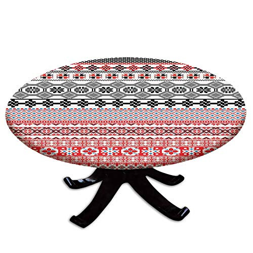 Elastic Edged Polyester Fitted Table Cover,Ethnic Aztec Pattern with Abstract Mayan Authentic Folk Figures Artsy Image,Fits up to 36" Diameter Tables,The Ultimate Protection for Your Table,Red Black