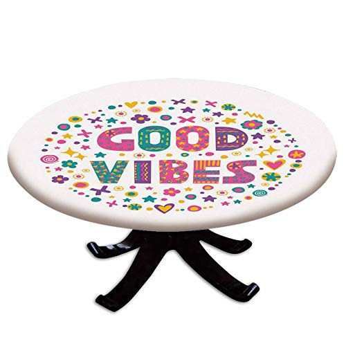 Elastic Edged Polyester Fitted Table Cover,Word Art Theme Cute Doodle Cartoon Figures Positive Hippie Inspiring Cheerful Decorative,Fits up to 36" Diameter Tables,The Ultimate Protection for Your Tabl