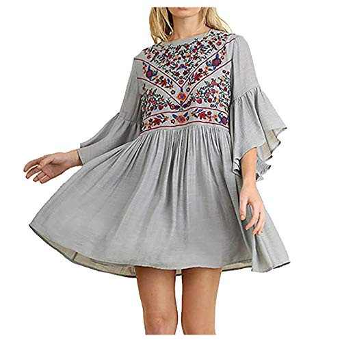 Aniywn Women Summer Tunic Dress O Neck Short Sleeve Casual Loose Cute Embroidery Floral Print Vintage Short Dresses Gray
