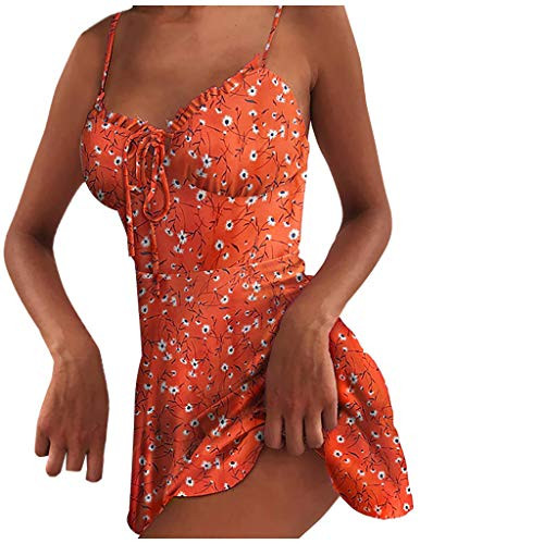 Jaqqra Dress for Women Casual Summer Sexy Floral Print V Neck Sleeveless Short Mini Backless Dress Cocktail Party Dress Orange