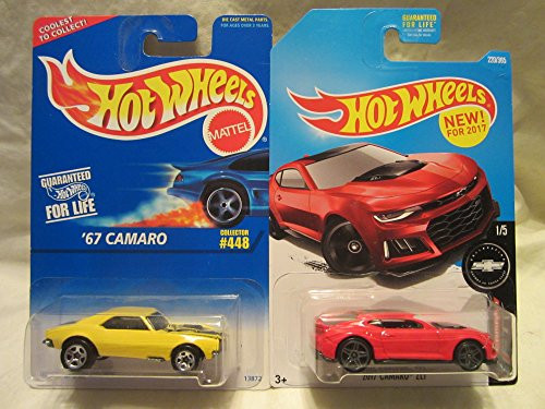Hot Wheels Yellow '67 Camaro 448  and  Red 2017 Camaro ZL1 Die Cast 1/64 Scale 2 Car Bundle