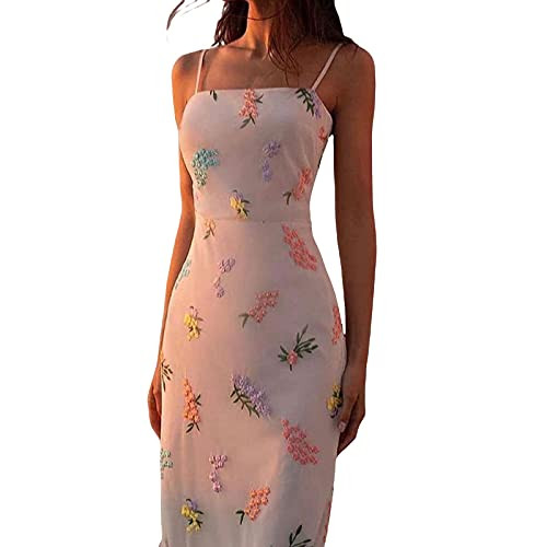 Women Sexy Sleeveless Spaghetti Strap Split Satin Dress Tie Dye Backless Midi Dresses Y2K Bodycon Club Party Sundress -E-White, Small-