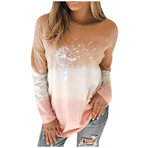 Dosoop Women Crewneck Pullover Dandelion Print Tie Dye Loose Long Sleeves Tops Blouse Gradient Sweatshirt T-Shirt