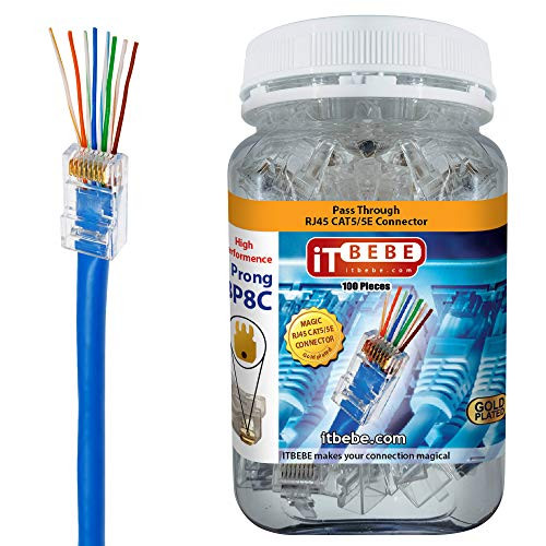 ITBEBE Gold Plated 100 Pieces End Pass Through RJ45 Cat5 Cat5e Connector by itbebe (Cat5/5e 100 Pieces)
