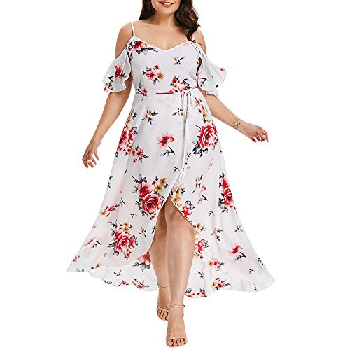 NLOMOCT Dresses for Women, Casual Summer Maxi Dress Flower Printed Plus Size Sundress Cold Shoulder Irregular Hem Long Dress White