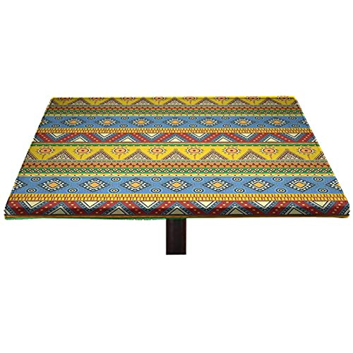 Lyzelre Aztec Elastic Edged Polyester Fitted Table Cover, Traditional Classic Tribal Style Folk Motif with Sun Figure Ancient Mexican Culture Image Fitted Square Tablecloth, Fit 28"x28" Square Table