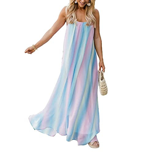 Women's Casual Gradient Color Boho Dress Spaghetti Strap Long Maxi Summer Beach Swing Dresses-Blue,XL-