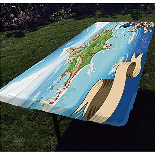 Island Map Polyester Fitted Tablecloth,Aerial View Fantasy Pirate Cove Island with Crossbones and Captain Skull Figure Rectangular Elastic Edge Fitted Table Cover,Fits Rectangular Tables 72x32" Multic